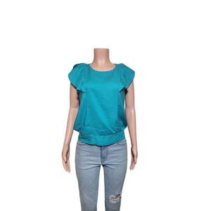 Col story  crew neck teal short tulip sleeve with elastic hem top size M